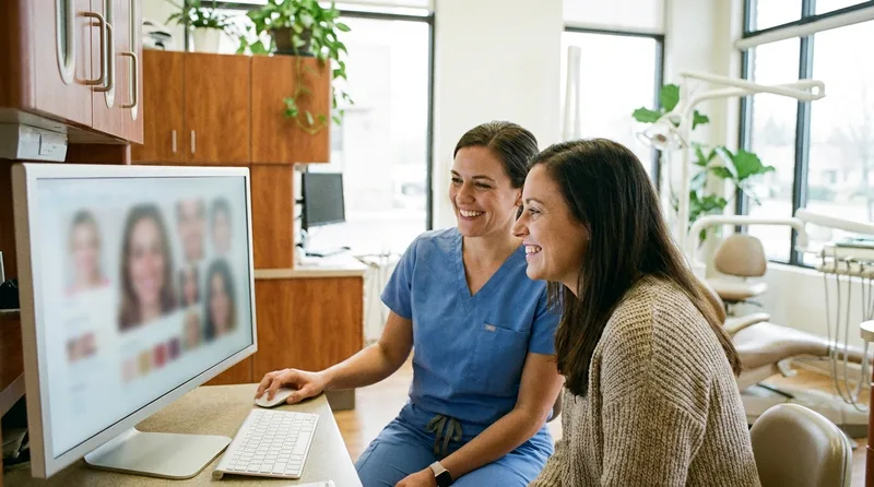 Dentist showing a patient her digital smile design mockup on a screen