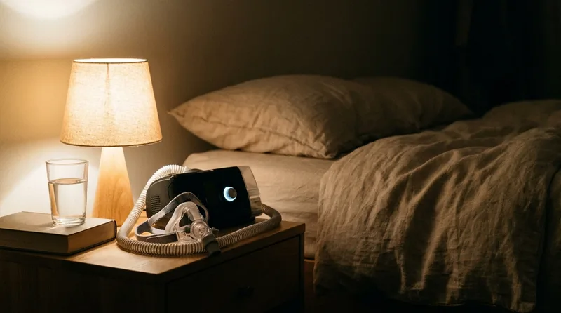 A CPAP machine, hose and mask on a bedside table at night