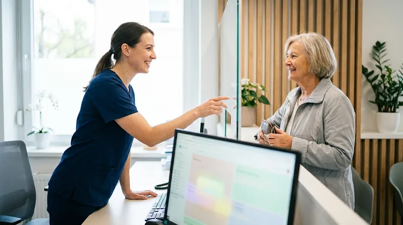 Front desk team member confirming a patient is ready to leave after their appointment