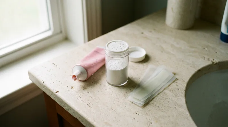 Denture adhesive cream, powder, and strips laid out for comparison