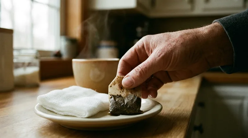Damp black tea bag and folded gauze pad ready to control bleeding after tooth extraction