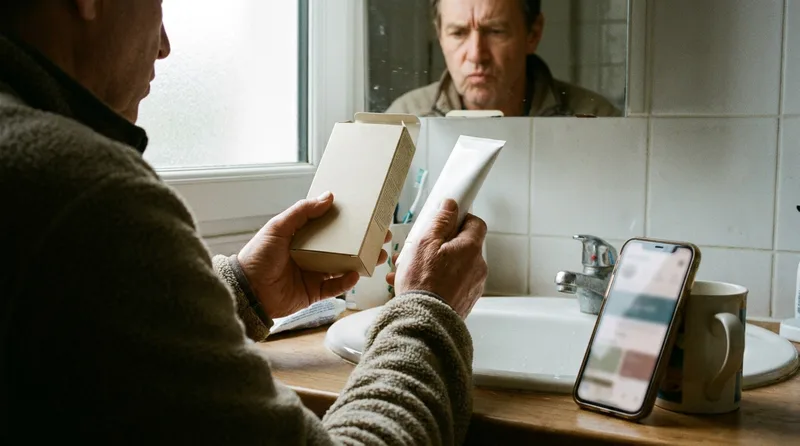 Adult carefully reading the label of an oral care product while checking online reviews on a phone