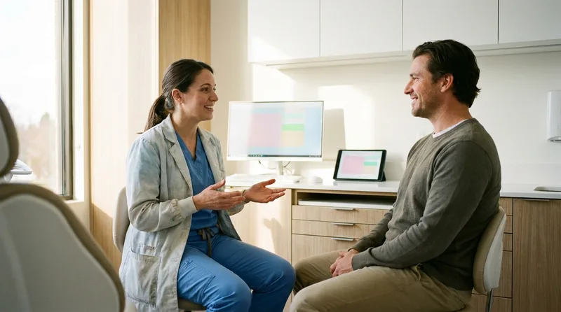 Dentist calmly explaining sedation options to a relaxed patient before a tooth extraction