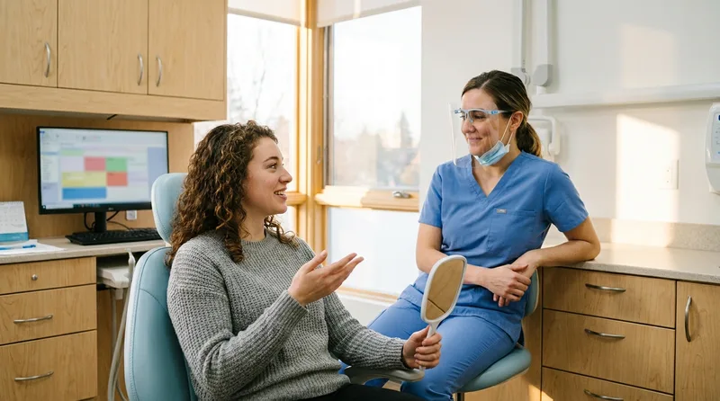 Young adult talking with a dental hygienist about gum health during a relaxed office visit