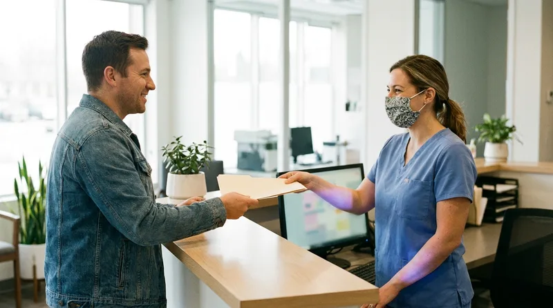 Dental office receptionist handing a patient a folder of records