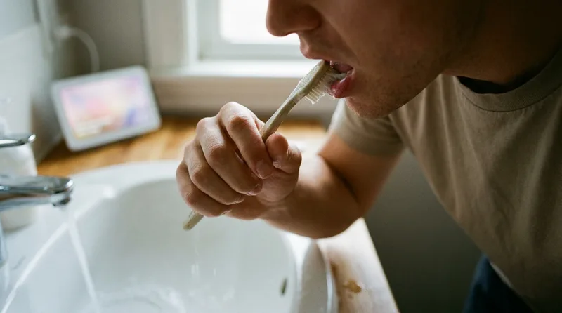 Person gently brushing their gums and tongue with a soft brush