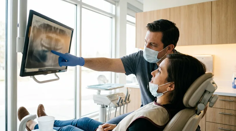 Dentist reviewing an x-ray with a patient to determine bridge type