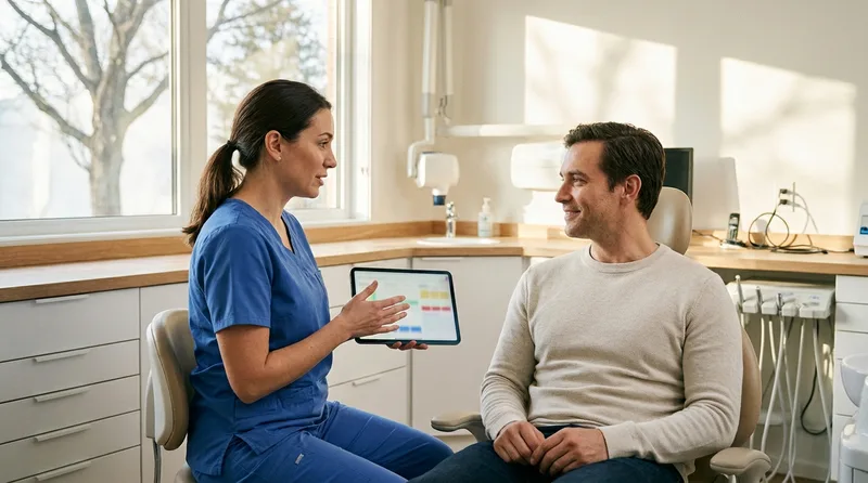 Dentist explaining findings to a relaxed patient during an extraction follow-up visit in a bright office