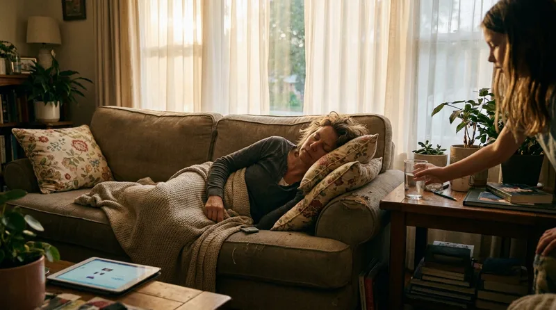 Patient resting on a sofa with a family member bringing water after sedation for wisdom teeth removal
