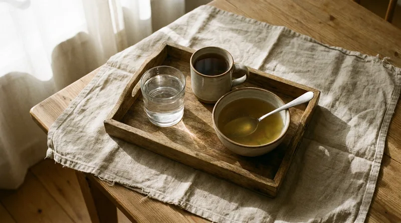 Tray with water, herbal tea, and broth as alcohol-free choices during tooth extraction recovery
