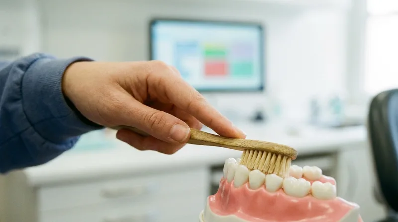 Soft toothbrush angled gently at the gumline of a dental model to show light brushing pressure