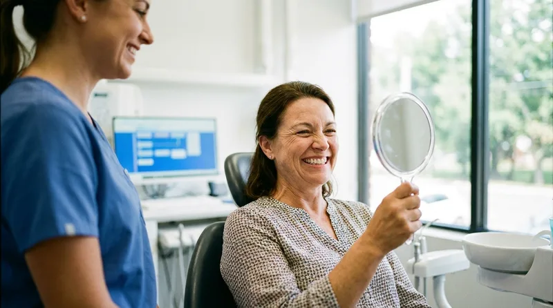 Patient smiling in a mirror after receiving new porcelain veneers