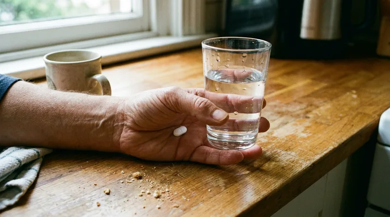 Person taking over-the-counter pain relief with a glass of water at home