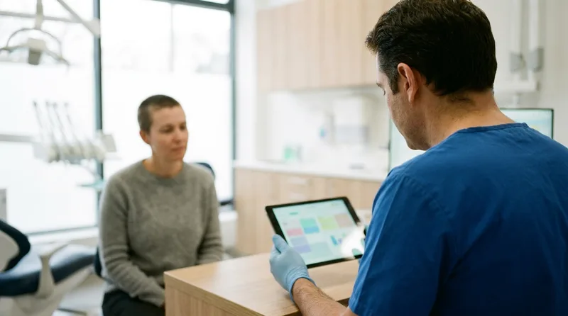 Dentist reviewing a patient's medication list on a tablet before a planned tooth extraction