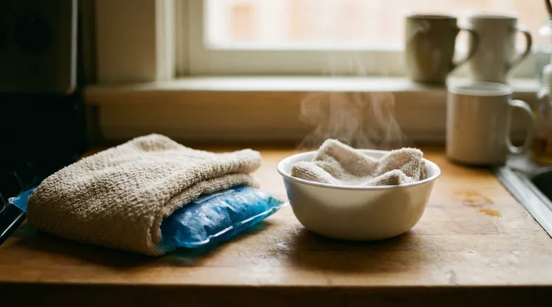 Cold gel pack and warm damp washcloth side by side for swelling after tooth extraction