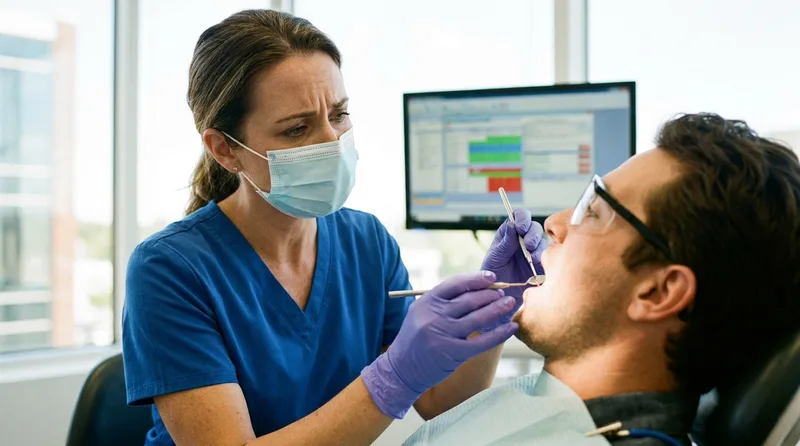 Dentist examining a patient tooth for signs of decay