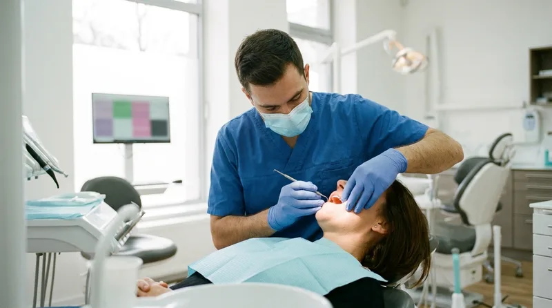Dentist measuring gum pocket depth with a periodontal probe
