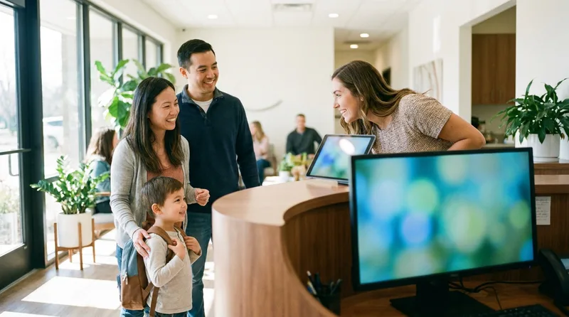 Front desk team welcoming a family arriving for their first dental visit