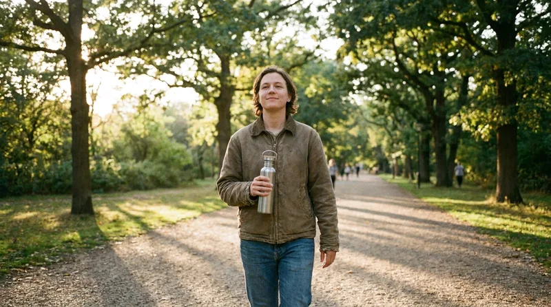 Adult taking a calm morning walk with a water bottle as a healthy distraction during recovery