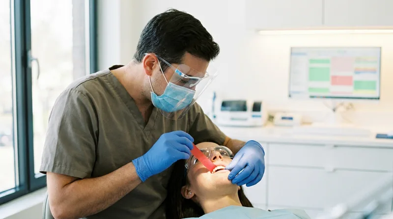 Dentist checking a patient bite after a filling or crown