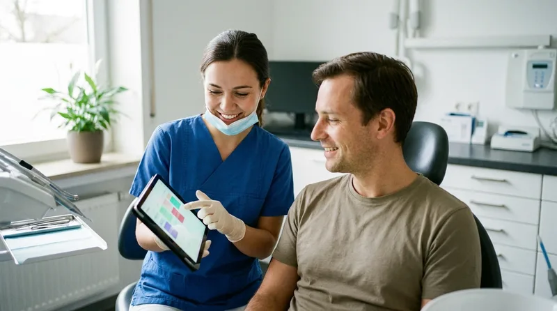 Dentist discussing medication history with a patient