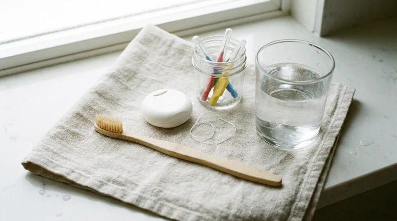 Soft toothbrush, floss, and interdental brushes laid out on a bathroom counter for gum care at home
