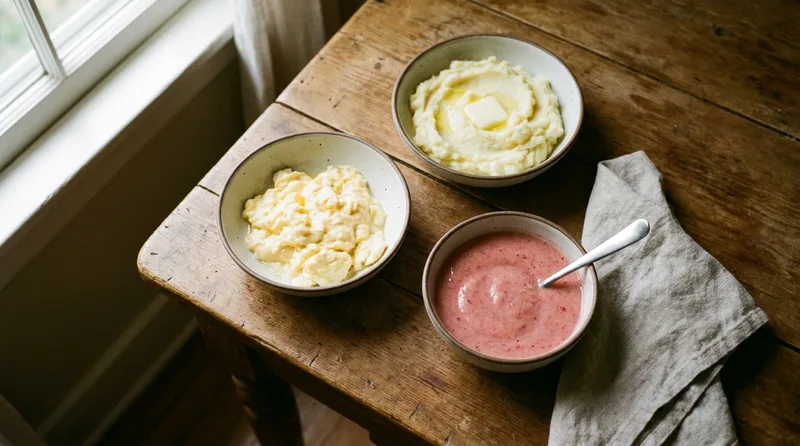 Bowls of mashed potatoes, scrambled eggs, and smoothie with a spoon for eating with stitches after extraction