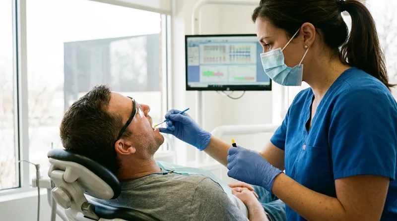 Dentist applying fluoride varnish to an adult patient teeth