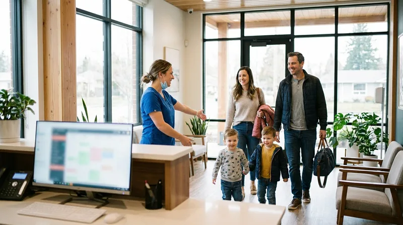 Front desk team welcoming a family arriving for their first dental visit