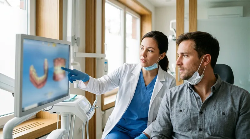 Dentist reviewing a 3D jaw scan image with a patient on a monitor