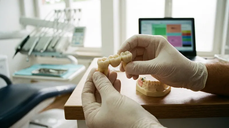 Close-up of a traditional dental bridge model with crown supports
