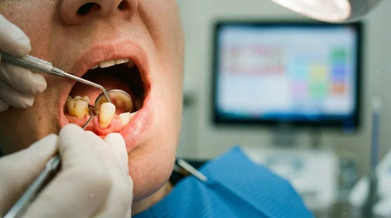 Close-up of a tooth with gum recession exposing the root surface