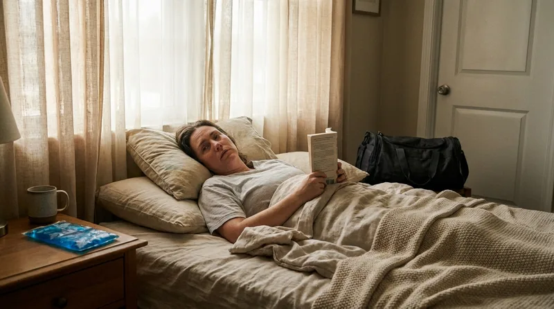 Adult resting propped on pillows with a cold pack nearby while recovering from a tooth extraction