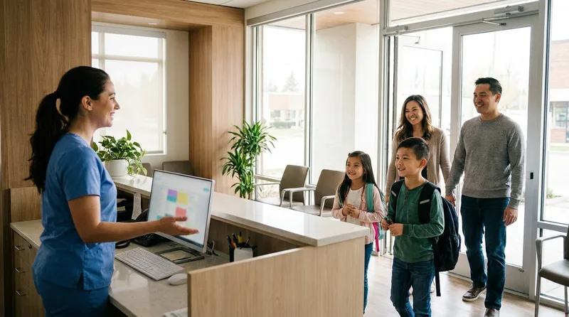 Front desk team welcoming a family arriving for their first dental visit