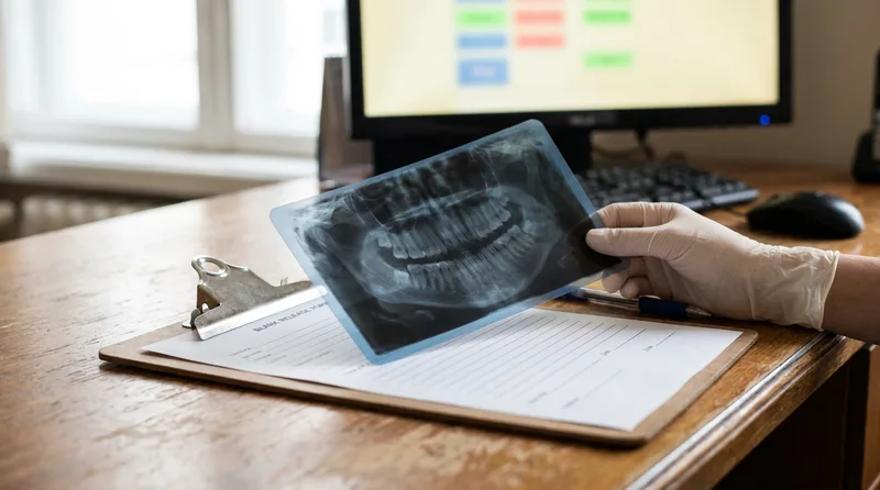 Dental X-ray film and a blank records release form on a clipboard