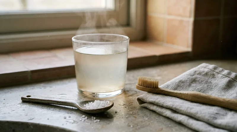 Glass of warm salt water, measuring spoon of salt, and soft toothbrush for gentle rinsing after extraction