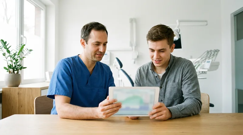 Dentist and young adult reviewing a gum care plan together on a tablet in a bright dental office