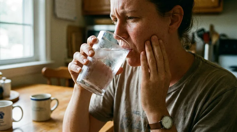Person checking their own tooth sensitivity after drinking cold water