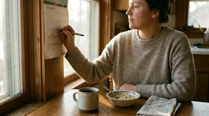 Adult tracking recovery days on a calendar with soft oatmeal and tea after a tooth extraction