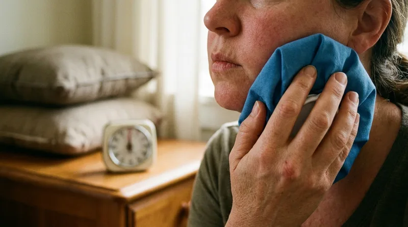 Hand pressing a cloth-wrapped cold pack to a swollen cheek during wisdom teeth removal recovery