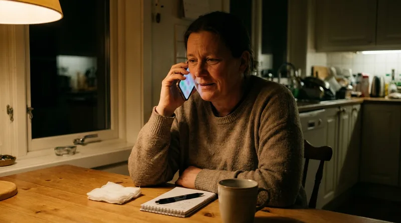 Adult calling a dental office from the kitchen table after heavy bleeding following a tooth extraction