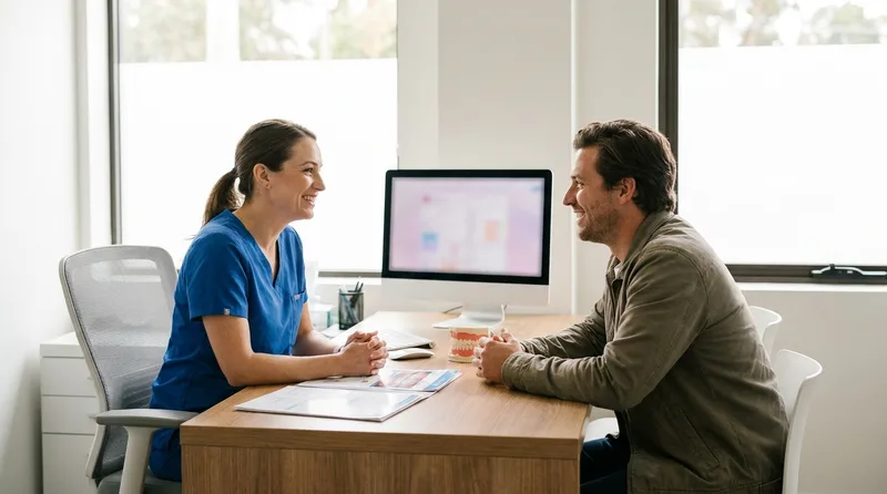 Dentist reassuring a patient about normal post-treatment sensitivity