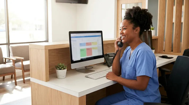 Dental team member answering a patient's call at a bright reception desk about post-extraction questions