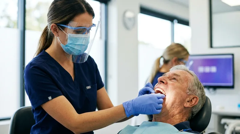 Dentist checking the fit of a patient complete denture