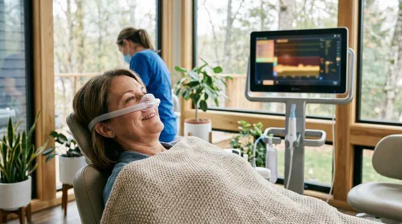 Relaxed patient breathing oxygen through a nasal mask after a nitrous oxide appointment