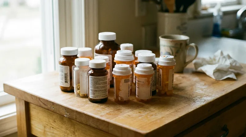 Various prescription medication bottles on a kitchen counter