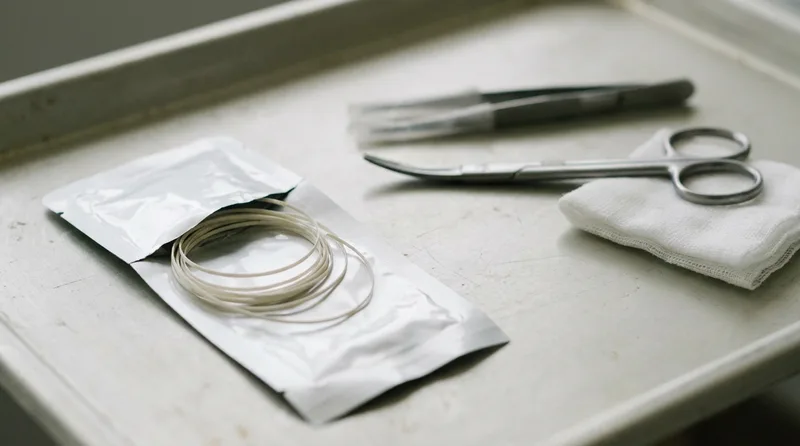 Sterile suture material, small scissors, and gauze on a clean dental tray for stitches after extraction