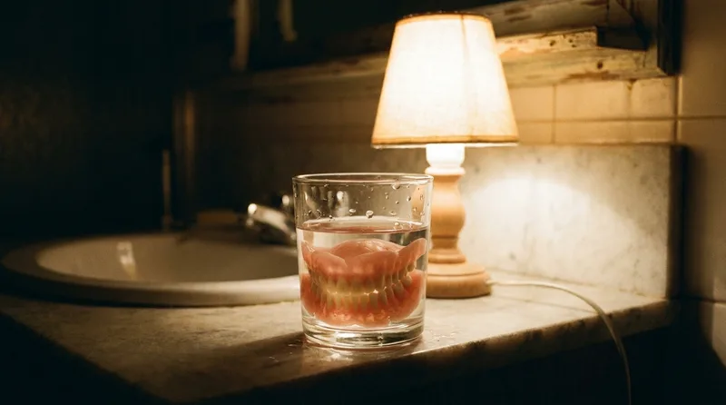 Complete denture soaking overnight in a container of water