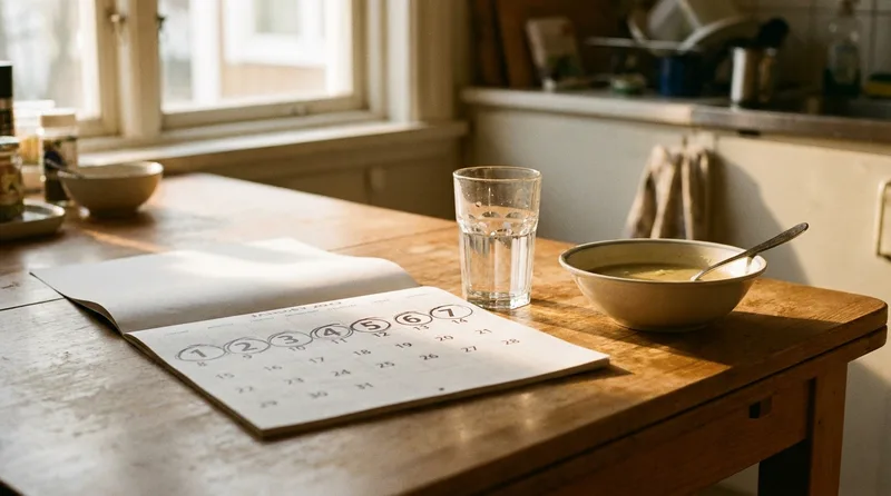 Calendar with the first week circled beside a glass of water and soup for smoke-free recovery after extraction