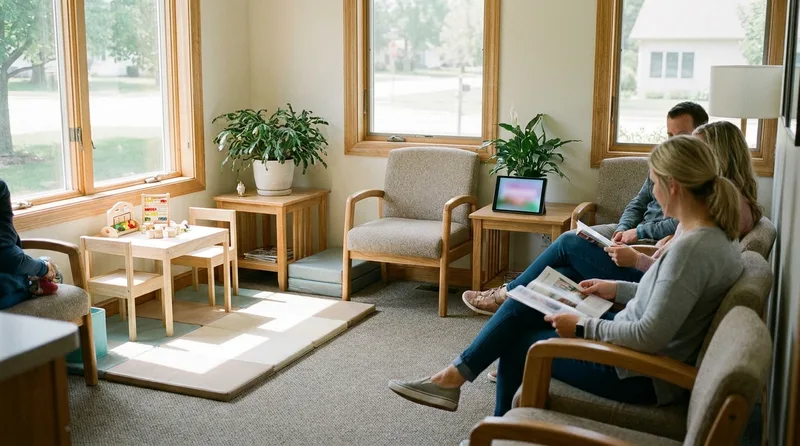 Warm, family-friendly dental waiting area with a small children corner